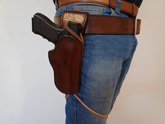 Custom Leather Holster for GLOCK 17, 19, 20, 21 Western style with leg tie (Made to order)